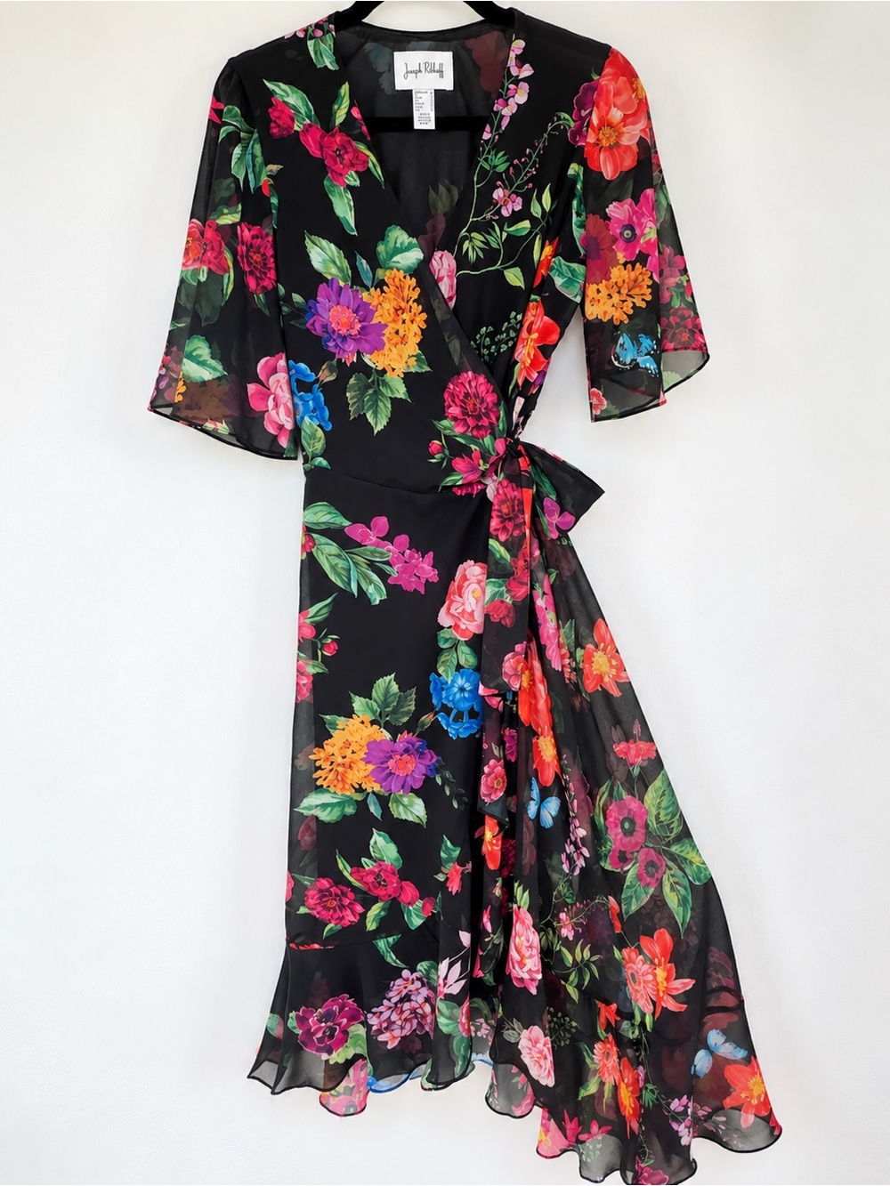 Joseph Ribkoff Floral Chiffon Wrap Dress Black Multicolor Size 8